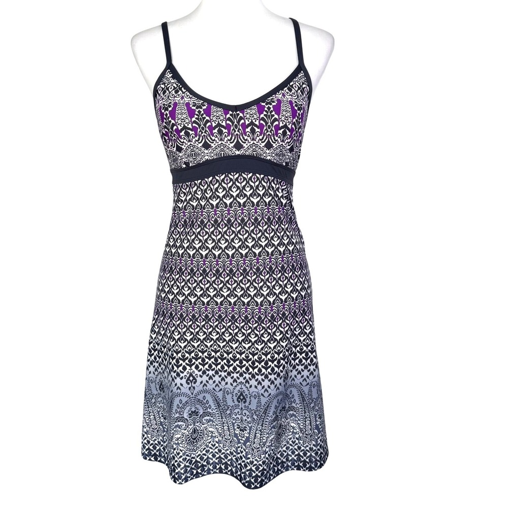 ATHLETA Women's XS Purple Black Printed Shorebreak Athletic Midi Dress Padded